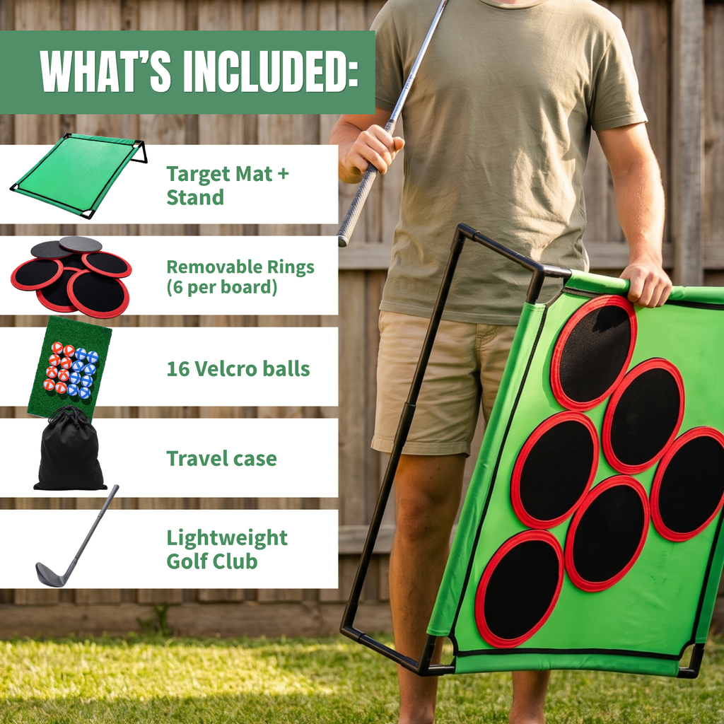 Chip Pong golf set includes target mat, rings, velcro balls, travel case and golf club