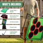 Chip Pong golf set includes target mat, rings, velcro balls, travel case and golf club